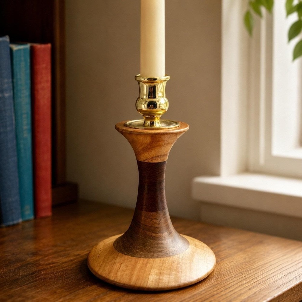 Turned Wood Brass Candlestick The Final Turn Artisan Signed Adirondack NY ~ 7"